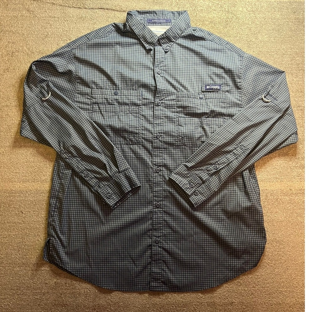Columbia PFG Super Tamiami Fishing Shirt Mens XL Blue Plaid Long Sleeve UPF 40